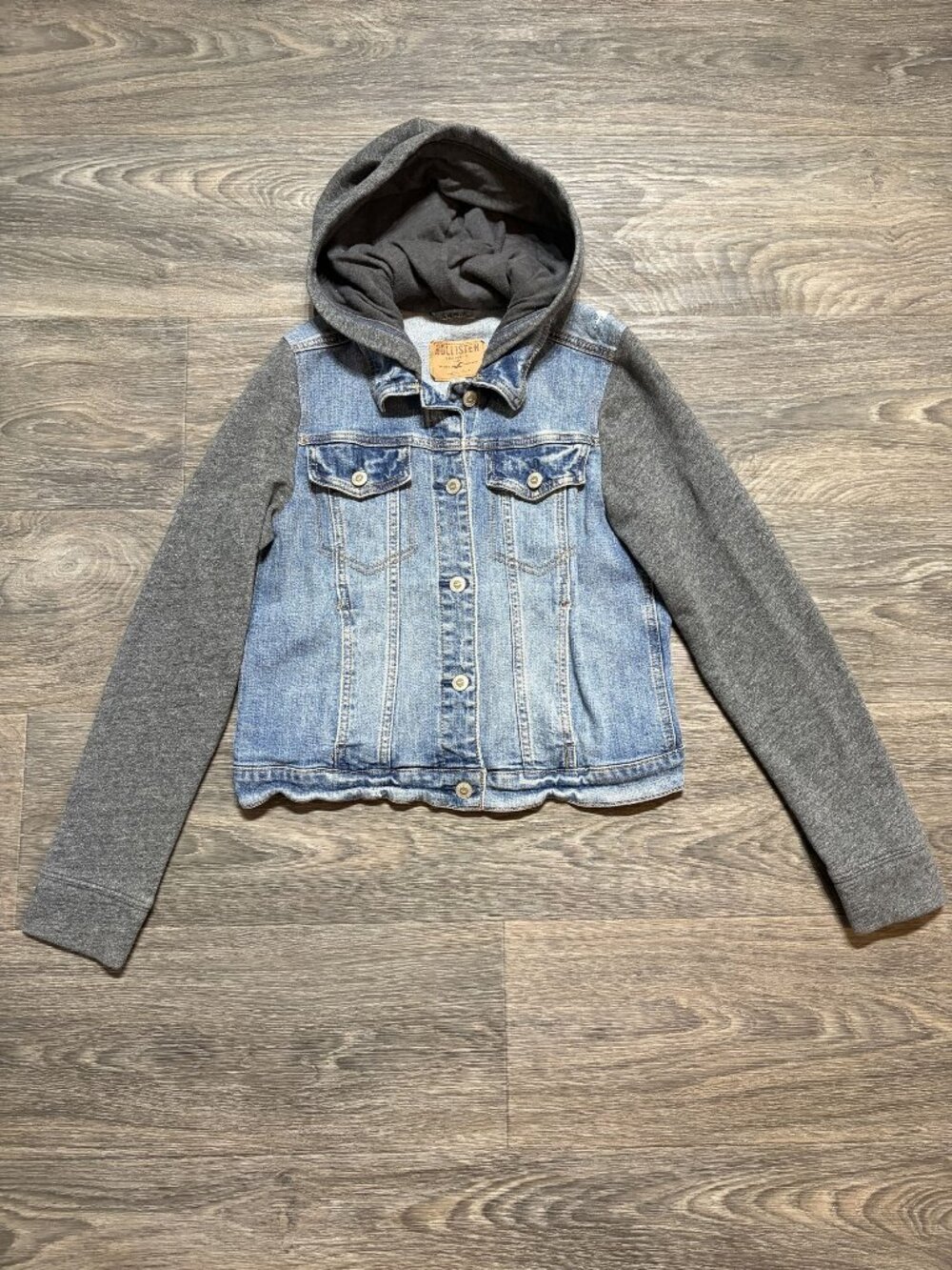 Hollister Juniors Cropped Denim Jean Jacket Gray Hoodie Medium Distressed Y2K